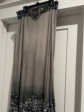 Venus Leopard Print Elastic Maxi Skirt Long Gray Black Silver Cheetah Large L